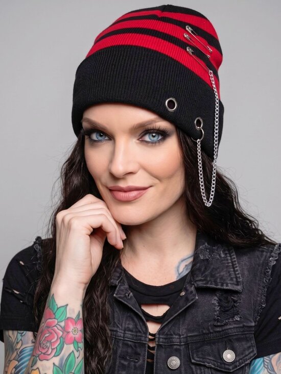 Dolls Kill Accessories - Dolls Kill ✦ Striped Beanie With Safety Pins & Chain ✦ Black/Red Knit Goth Punk